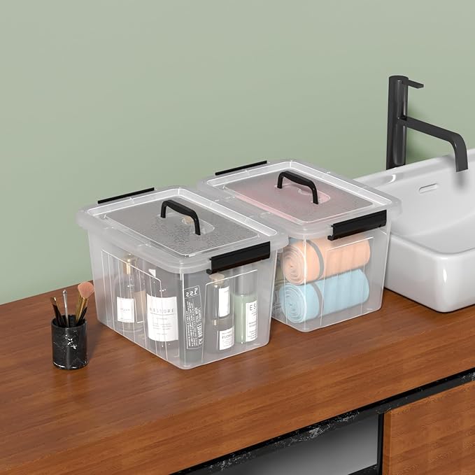 12 Quart Clear Storage Bins with Latching Lids, Stackable Plastic Containers with Handles for Organization, 6-Pack