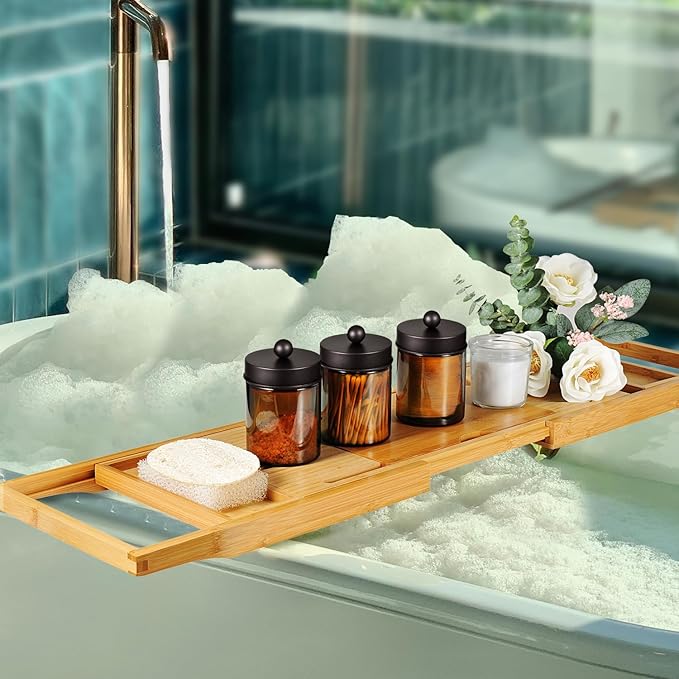 Amolliar Amber Glass Qtip Holder, Apothecary Jars with Bronze Metal Lid & Stickers-Bathroom Qtip Dispenser Storage Organizer Set,Vanity Counter Canister for Cotton Swabs,Round Floss(2 Pack)