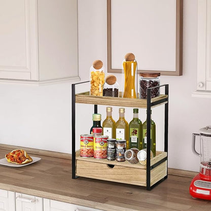 Ukonvi 2-Tier Bathroom Organizer Countertop with Drawer, Wood Counter Shelf for Storage, Vanity Tray for Organization and Decor, Countertop Organizer for Bathroom, Kitchen, Office (Brown)