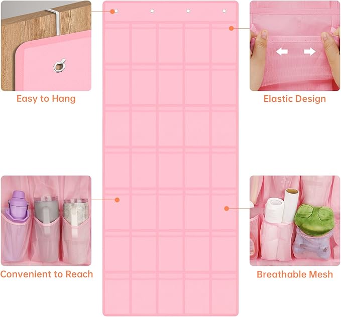 NiHome Multi-Functional 35 Pockets Door Hanging Organizer Fit for Stanley Tumbler in Kitchen, Pantry, Bathroom, Large Capacity Elastic Mesh Secure Storage Water Bottle Cup Holder, Foldable (Pink)