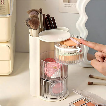 Hair Accessories Organizer with Hair Brush Holder, Rotatable Makeup Brush Holder for Necklaces, Earring, Bracelet, Ring, Makeup Brushes, Hair Clip and Hair Accessories (3 Layer Beige)