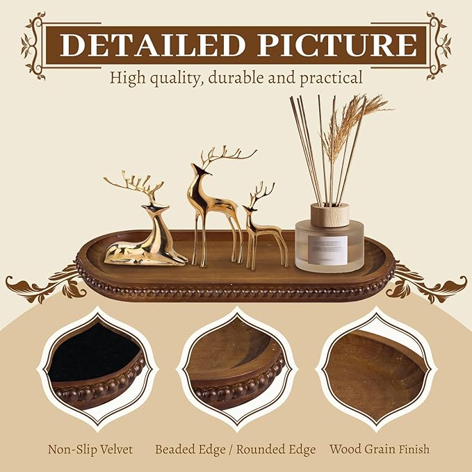 MAONAME Oval Bathroom Vanity Tray, Long Narrow Wood Tray, Rustic Decorative Trays with Beaded, Farmhouse Toilet Tank Trays for Dresser, 12" x 4.7"