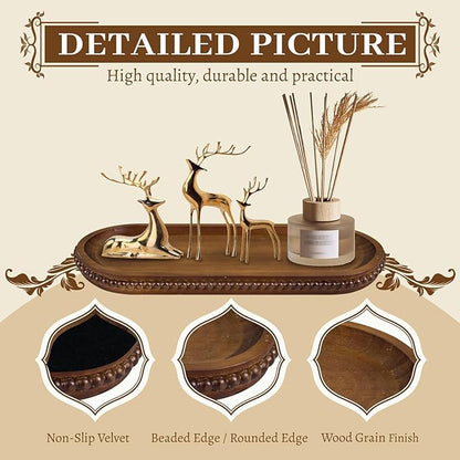 MAONAME Oval Bathroom Vanity Tray, Long Narrow Wood Tray, Rustic Decorative Trays with Beaded, Farmhouse Toilet Tank Trays for Dresser, 12" x 4.7"
