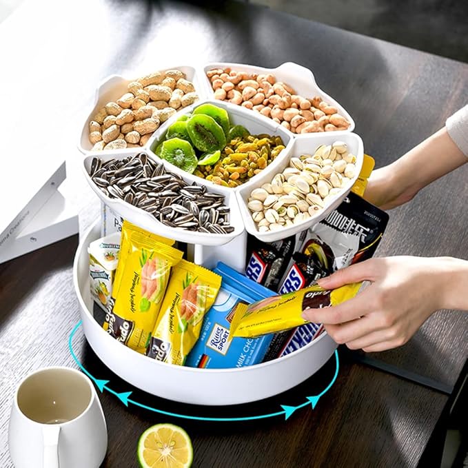 2-Tier Lazy Susan Turntable Snack Organizer, Flower Shape Spin Storage Container for Home Office Breakroom