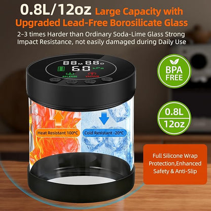 Electric Vacuum Coffee Canister, 0.8L Glass Airtight Food Storage Containers with Smart Pressure Sensor, Automatic Coffee Bean Container Rechargeable with LED Display Window for Kitchen Food Storage