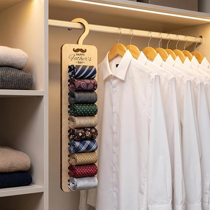 1PC Wooden Tie Rack for Dad’s Closet, Wooden Tie Hanger Space-Saving Organizer & Decorative Woodcraft, Ideal Gift for Father’s Day, Birthday, or Holiday(0.4inches/1cm Thick)