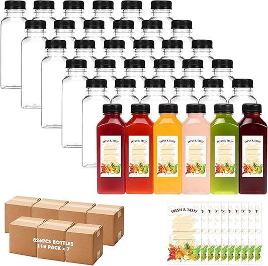 BAKHUK 826pcs 12oz Empty Plastic Juice Bottles with Caps, Plastic Water Bottles with lids, Reusable Clear Bulk Beverage Containers for Juice, Milk and Other Beverages