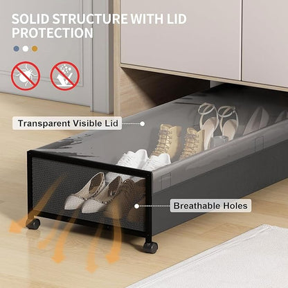 Under Bed Storage Containers with Wheels Large Underbed Shoes Blankets Clothes Toy Storage Drawers for College Dorms Bedrooms Nursery Rooms Organization (Black 2 Pack, 7.5in height(36"x16.6"x7.48"))