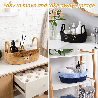 Toilet Highland Cute Cow Paper Basket–Oval Woven Bathroom Organizer Toilet Tank Storage Basket, Decorative Shelves Rope Cotton Bin with Handles, Wedding Empty Towel Paper Holder,13"D x 7.48"H
