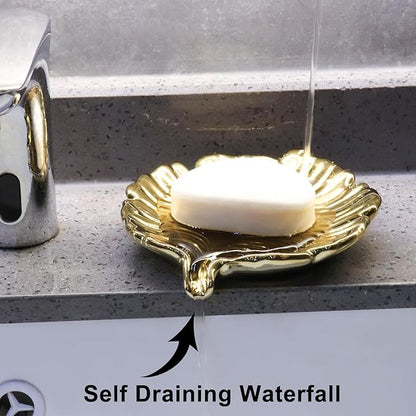 Gold Leaf Bathroom Soap Dish,Ceramic Soap Dish Holder in Palm Leaf Style,Self Draining Design and Used to Hold Various Small Bathroom and Kitchen Accessories