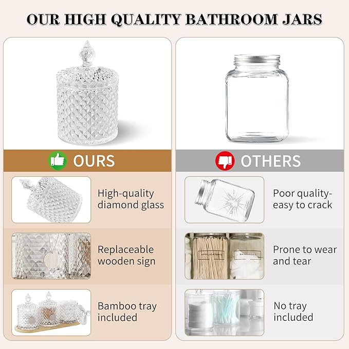 3 Pack Glass Qtip Holder Dispenser with Tray and Tag, Apothecary Jars with Lid, Bathroom Canisters for Storage Organizer for Cotton Swabs, Balls, Pads, Floss Picks, Candy, Jewelry (Clear, 10oz × 3)