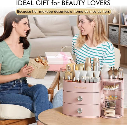 Makeup Organizer Countertop with Drawers, Make up Organizers for Vanity, Skincare Jewelry Earring Organizers, Cosmetic Display Cases Makeup Storage for Bedroom & Bathroom, Ideal Gifts for Women(Pink)