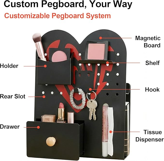 Magnetic Pegboard Organizer for Office Desk, Makeup Vanity, Stationery Storage, Gaming Desktop with 4 Metal Accessories Drawer Holder Hooks Modular - Home Decor Tabletop Display Kids Room - Black