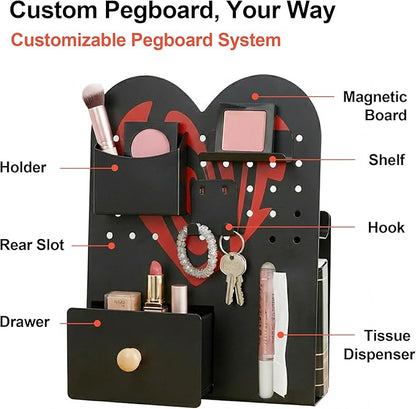 Magnetic Pegboard Organizer for Office Desk, Makeup Vanity, Stationery Storage, Gaming Desktop with 4 Metal Accessories Drawer Holder Hooks Modular - Home Decor Tabletop Display Kids Room - Black