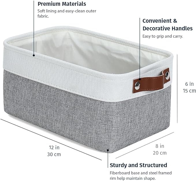 OrganiHaus 12x8in Canvas Storage Baskets 6 Pack | SMALL Fabric Bins for Shelves | Pantry & Bathroom Organizer | Gray/Off-White