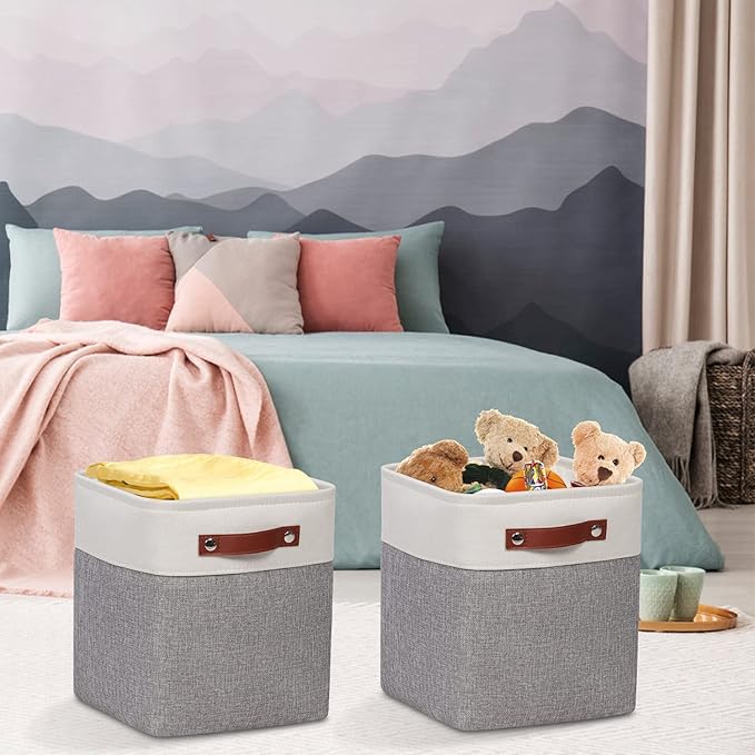 Fabric Storage Cubes 10.5”x10.5”x11” Cube Storage Bins for Closet Organizers and Storage Shelves Foldable Storage Bin with Handles, 6 Pack, Grey, PU Leather Handle