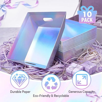 AFOROEOA 10 PACK Laser Gift Baskets for Gifts Empty, 12x10x4” Holographic Iridescent Gift Basket Kit with 10 Bows & 10 Bags - Large Empty Gift Baskets to Fill for Christmas, Weddings, Birthdays, Holiday Gifting Hampers