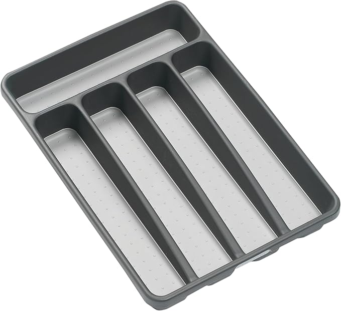 madesmart Small Silverware Tray, 5 Compartment Flatware Organizer for Forks, Knives & Spoons, Non Slip, Soft Grip Lining, Fits Small Drawers, Granite