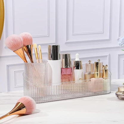 DASITON Makeup Brush Holder Organizer with 4 Cup, Vintage Striped Make Up Brush Holder for Vanity, Bathroom Toothbrush Holders, Acrylic Cosmetic Brushes Storage Organizer Pen Holder (Clear+Clear)