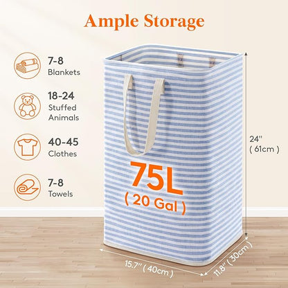 Lifewit 75L Large Collapsible Laundry Hamper, Tall Foldable Dirty Clothes Baskets Waterproof, Freestanding Design with Easy Carry Handles in Dorm Bedroom Bathroom College, Dark Blue