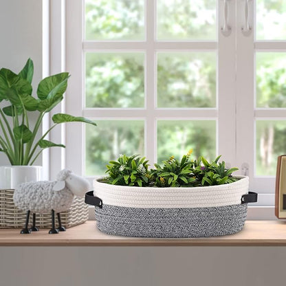 Small Cotton Rope Woven Basket Toilet Paper Baskets for Organizing Decorative Basket for Boho Decor Small Storage Basket 13"x5.9"x4" Variegated Gray&White