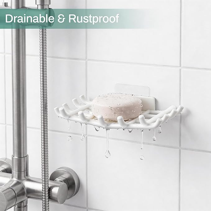 Bar Soap Holder for Shower Wall, Self Draining Plastic Bar Soap Dish Tray Container Case for Bathroom Sink, Adhesive Shower Soap Dish Holder Wall Mounted, White 2 Pack