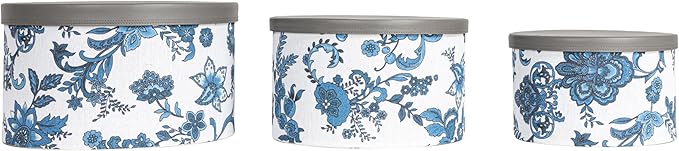 Household Essentials Floral Nestable Hat Boxes with Faux Leather Lids, Cream and Blue, Set of 3