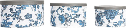 Household Essentials Floral Nestable Hat Boxes with Faux Leather Lids, Cream and Blue, Set of 3