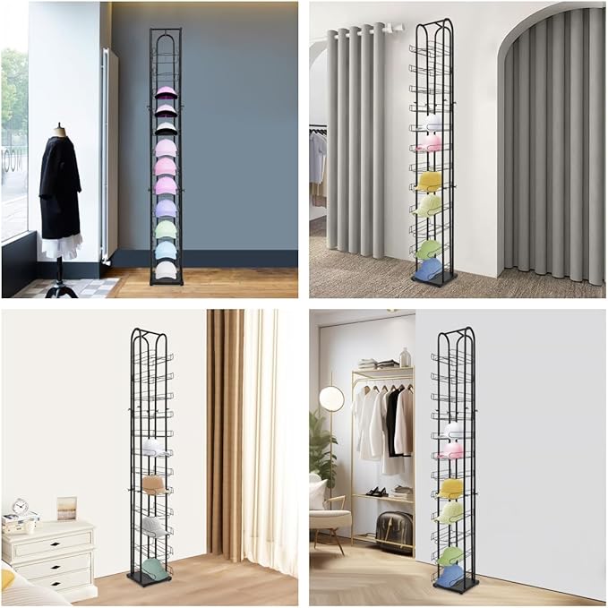 12-Tier Black Floor Standing Hat Rack, 78" Retail Hat Display Rack, Metal Cap Organizer Stand, Hats Display Stand for Baseball Caps Wigs Scarves Gloves for Home Clothing Store