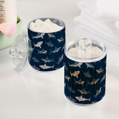 ALAZA 4pcs Dark Blue Shark Fish Qtip Holder Dispenser 14 oz Bathroom Storage Clear Apothecary Jars Containers Cotton Ball,Cotton Rounds,Floss Picks, Hair Clips, Food