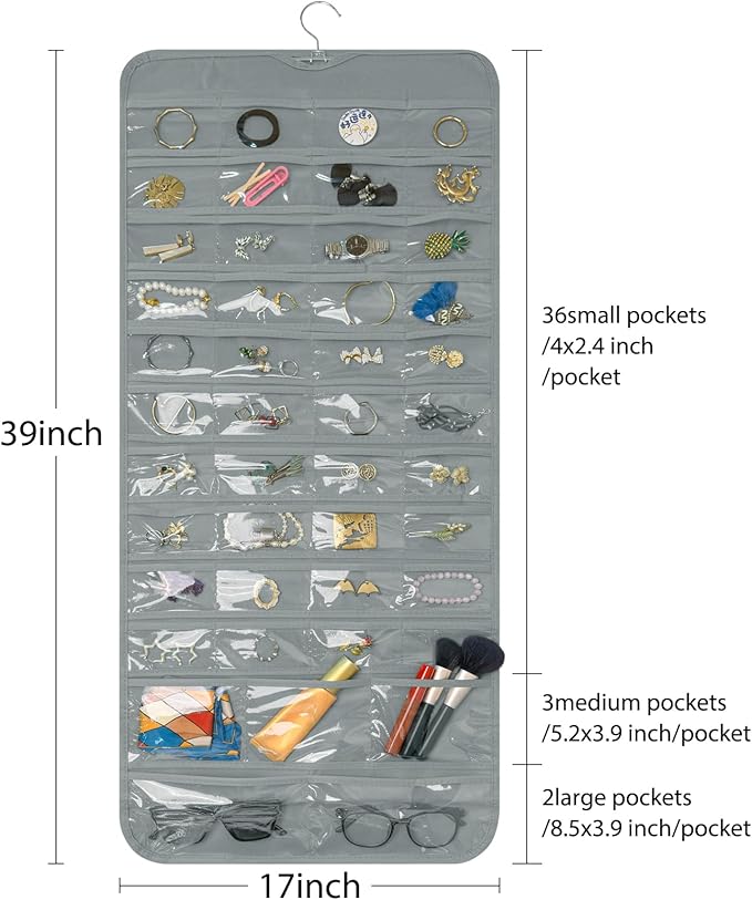 Bloss Hanging Jewelry Organizer With 90 Pockets,Earring Holder Organizer Storage For Valentine's Day Gift,Double-Sided Jewelry Holder for Earrings, Necklaces, Rings on Closet,Wall,Door(Grey)