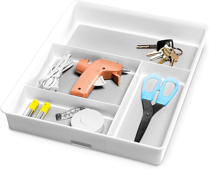 madesmart 4 Compartment Drawer Organizer, Multi Purpose Storage for Utensils, Office Tools, Cords, & Small Household Items, Tech Accessories, Arts & Crafts Supplies, Non Slip Lining, White