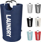 DOKEHOM 90L Large Laundry Basket, Collapsible Laundry Bag, Freestanding Tall Clothes Hamper, Foldable Washing Bin (Dark Blue)