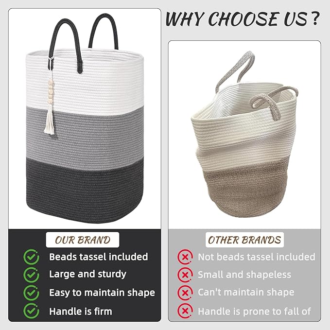 Woven Laundry Basket for Clothes,65 L Large Rectangle Laundry Hampers with Beads Tassel, Nursery Storage Basket for Toys, Tall Dirty Clothes Hamper for Bedroom Aesthetic, Laundry Room Organization
