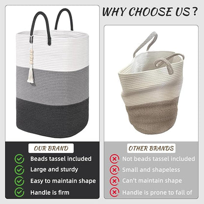 Woven Laundry Basket for Clothes,65 L Large Rectangle Laundry Hampers with Beads Tassel, Nursery Storage Basket for Toys, Tall Dirty Clothes Hamper for Bedroom Aesthetic, Laundry Room Organization