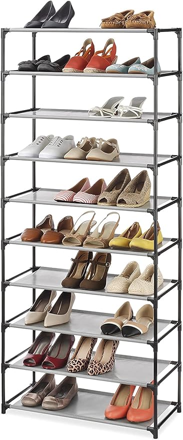 Whitmor Spacemaker 10 Tier Shoe Rack Tower, Tall Metal & Fabric Shoe Shelf Organizer for Entryway, Garage, Holds Shoes, Handbags & Accessories, 12"D×24.5"W×60"H