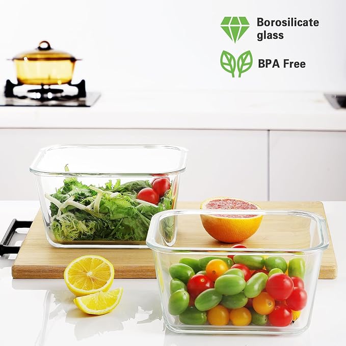 HOMBERKING 4 Pieces 63oz/8cup Large Glass Food Storage Containers with Lids, Meal Prep Containers, Airtight Bento Boxes with Leak Proof Locking (2 Containers 2 Lids), Microwave,Oven,Fridge Safe-White