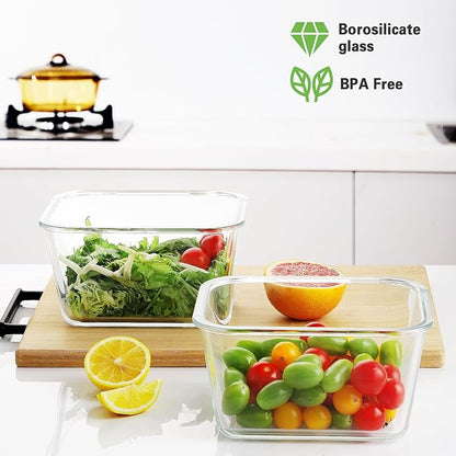 HOMBERKING 4 Pieces 63oz/8cup Large Glass Food Storage Containers with Lids, Meal Prep Containers, Airtight Bento Boxes with Leak Proof Locking (2 Containers 2 Lids), Microwave,Oven,Fridge Safe-White