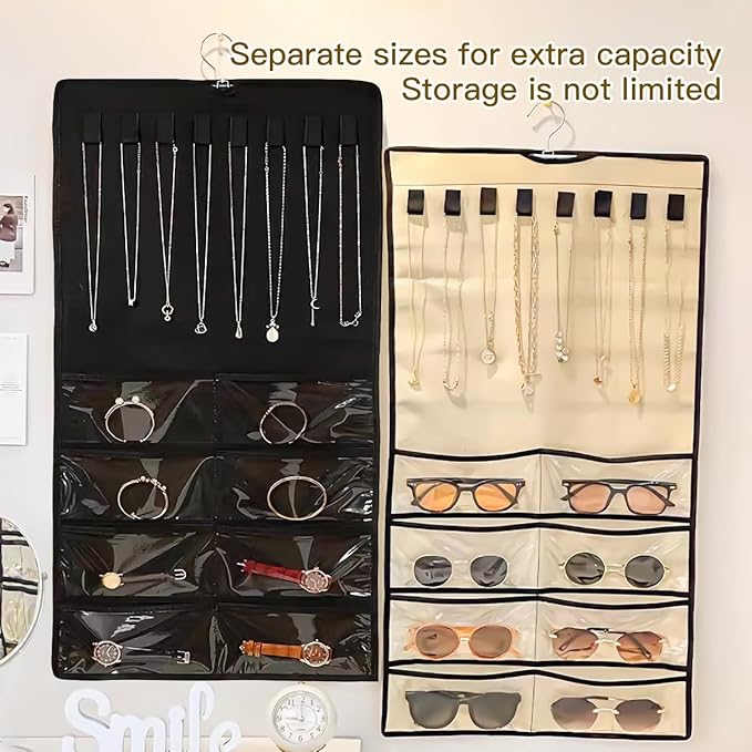 Double Sided Hanging Jewelry Organizer, 48 Pockets Clear Window Large Jewelry Hanging Organizer with Necklace Hanger, Wall/Door/Closet Stud Earring Bracelet Ring Storage