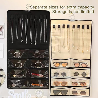 Double Sided Hanging Jewelry Organizer, 48 Pockets Clear Window Large Jewelry Hanging Organizer with Necklace Hanger, Wall/Door/Closet Stud Earring Bracelet Ring Storage