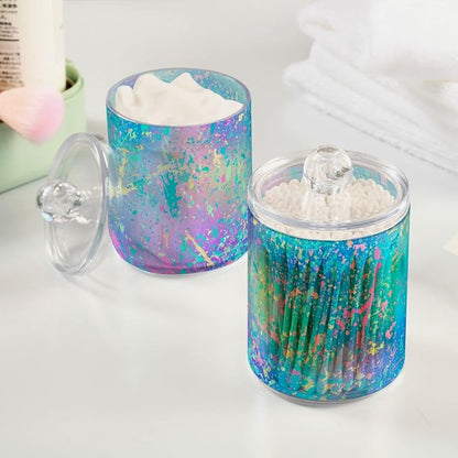 4 Pack Qtip Holder Dispenser Rainbow Grid Marble Cotton Ball Cotton Swab Round Pads Floss Clear Bathroom Storage Containers Plastic Apothecary Jars with Lids