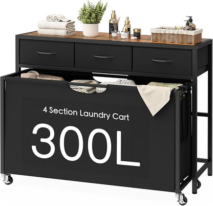 Laundry Sorter, Rolling Laundry Hamper with 4 Section Pull-Out Bags, 300L Large Laundry Basket Organizer with 3 Drawers, Laundry Hamper with Wheels for Laundry Room Organization, Bathroom, Bedroom