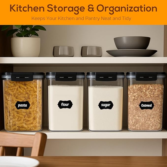 Large Thicker Food Storage Containers with Lids Airtight 5.3L/179Oz, 4pcs Plastic Pantry Storage Container for Dry Food/ Flour/ Sugar/ Pasta/ Cereal/ Baking Supplies, Canister for Kitchen Organization