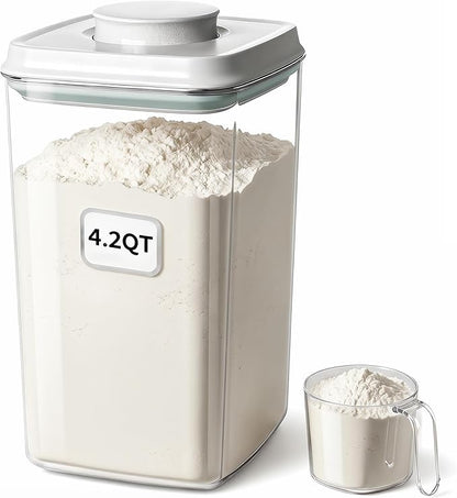 Melovom Pop Airtight Food Storage Container with Lid, 4L/4.2qt Large Cereal Flour Sugar Storage Container with Scoop, One Button Opening, BPA-Free, Kitchen Pantry Organization and Storage