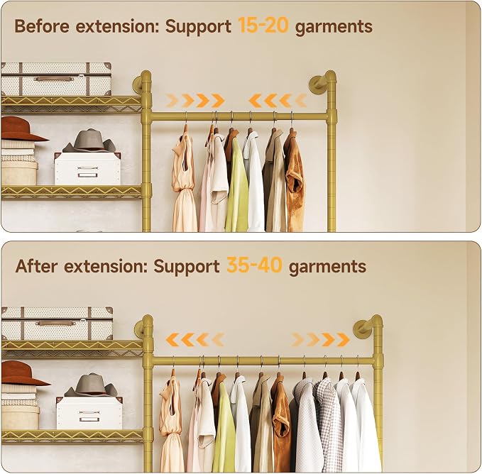 L2 Wall Mounted Closet System, Industrial Pipe Clothing Rack Clothes Racks with 2 Telescopic Rod & 6 Shelves, Heavy Duty Closet Organizers System in Wardrobe Closet, Gold