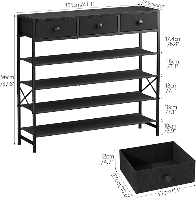 Shoe Rack, 5 Tier Shoe Organizer with 3 Drawers, Metal Shoe Storage for 24-30 Pairs of Shoes with Fabric Shelves and Wooden Top, Narrow Shoe Shelf for Closet Entryway Black