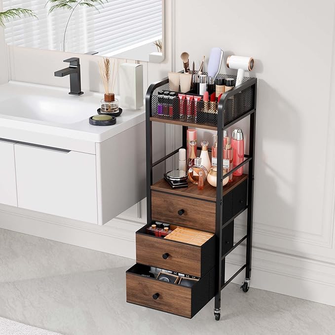 HapiRm Rolling Makeup Cart Organizer - Floor Skincare Make Up Storage with 3 Non-woven Fabric Drawers, Vanity Organizer Cosmetic Display Cases Holder for Skin Care Perfume Nail Polish Brush Hair Tool