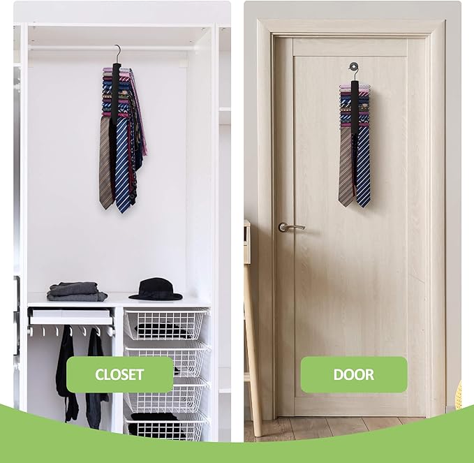 Upgraded Tie Rack Hanger for Closet with 30 Metal Hooks, Space Saving Necktie Organizer for Men, Sturdy Wooden Large Capacity Tie Holder, Closet Organizers and Storage, Black