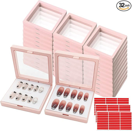 32 Pack Press On Nail Packaging Boxes - 3D Floating Storage and Display Box With 90pcs Double Sided Adhesive Tape for Nail Tech