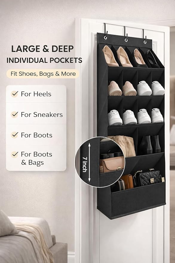 Over the Door Organizer, 15 Deep Pockets, 900D Oxford Fabric, Black, Heavy-Duty Metal Hooks, Space-Saving Storage for Closet, Bedroom, Bathroom